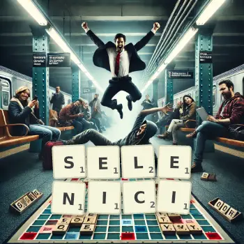 Kreatywna ilustracja do gry w Scrabble ze słowem SELENICI ułożonym z płytek na planszy.