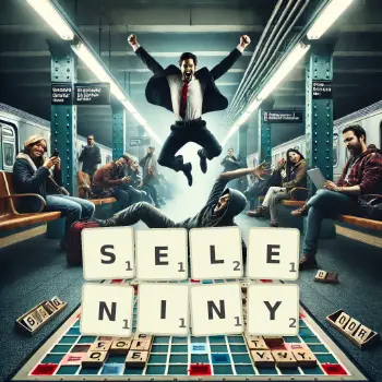 Kreatywna ilustracja do gry w Scrabble ze słowem SELENINY ułożonym z płytek na planszy.