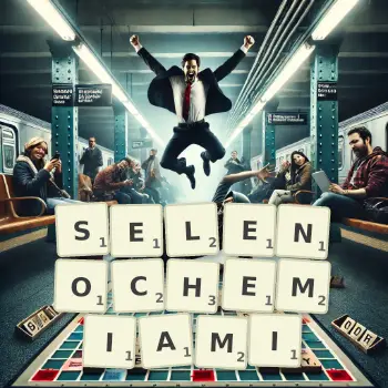 Kreatywna ilustracja do gry w Scrabble ze słowem SELENOCHEMIAMI ułożonym z płytek na planszy.