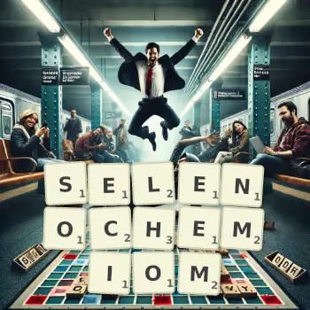 Kreatywna ilustracja do gry w Scrabble ze słowem SELENOCHEMIOM ułożonym z płytek na planszy.