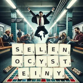 Kreatywna ilustracja do gry w Scrabble ze słowem SELENOCYSTEINY ułożonym z płytek na planszy.