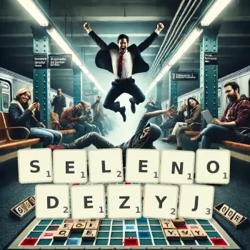 Kreatywna ilustracja do gry w Scrabble ze słowem SELENODEZYJ ułożonym z płytek na planszy.