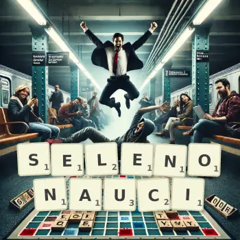 Kreatywna ilustracja do gry w Scrabble ze słowem SELENONAUCI ułożonym z płytek na planszy.