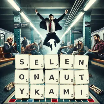 Kreatywna ilustracja do gry w Scrabble ze słowem SELENONAUTYKAMI ułożonym z płytek na planszy.