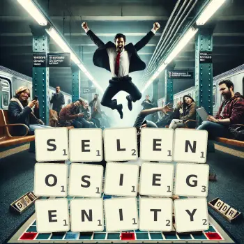 Kreatywna ilustracja do gry w Scrabble ze słowem SELENOSIEGENITY ułożonym z płytek na planszy.