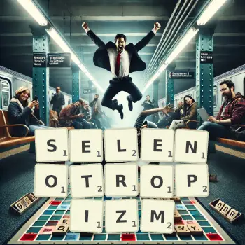 Kreatywna ilustracja do gry w Scrabble ze słowem SELENOTROPIZM ułożonym z płytek na planszy.