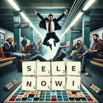 Kreatywna ilustracja do gry w Scrabble ze słowem SELENOWI ułożonym z płytek na planszy.