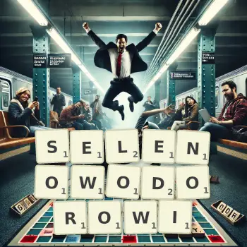 Kreatywna ilustracja do gry w Scrabble ze słowem SELENOWODOROWI ułożonym z płytek na planszy.