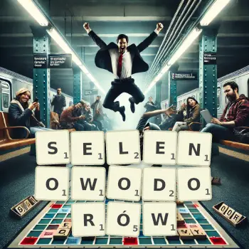 Kreatywna ilustracja do gry w Scrabble ze słowem SELENOWODORÓW ułożonym z płytek na planszy.