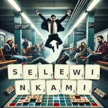 Kreatywna ilustracja do gry w Scrabble ze słowem SELEWINKAMI ułożonym z płytek na planszy.