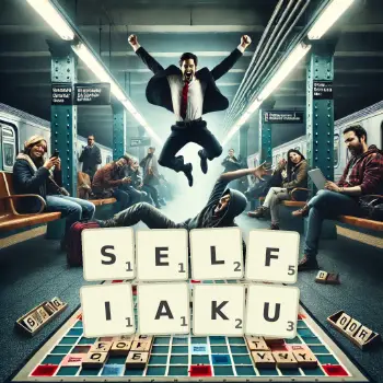 Kreatywna ilustracja do gry w Scrabble ze słowem SELFIAKU ułożonym z płytek na planszy.