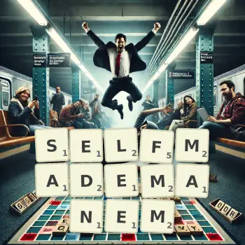 Kreatywna ilustracja do gry w Scrabble ze słowem SELFMADEMANEM ułożonym z płytek na planszy.