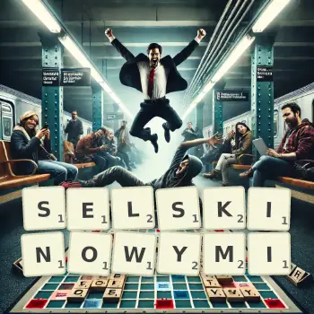 Kreatywna ilustracja do gry w Scrabble ze słowem SELSKINOWYMI ułożonym z płytek na planszy.