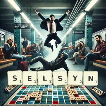 Kreatywna ilustracja do gry w Scrabble ze słowem SELSYN ułożonym z płytek na planszy.