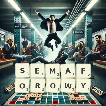Kreatywna ilustracja do gry w Scrabble ze słowem SEMAFOROWY ułożonym z płytek na planszy.