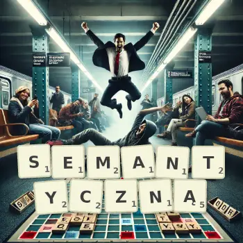 Kreatywna ilustracja do gry w Scrabble ze słowem SEMANTYCZNĄ ułożonym z płytek na planszy.