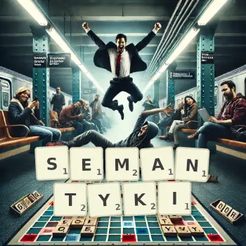 Kreatywna ilustracja do gry w Scrabble ze słowem SEMANTYKI ułożonym z płytek na planszy.