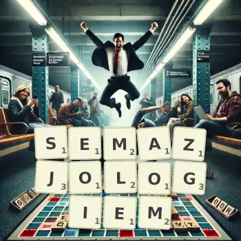 Kreatywna ilustracja do gry w Scrabble ze słowem SEMAZJOLOGIEM ułożonym z płytek na planszy.