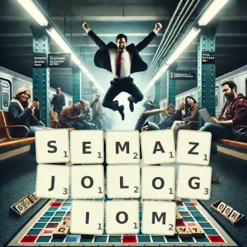 Kreatywna ilustracja do gry w Scrabble ze słowem SEMAZJOLOGIOM ułożonym z płytek na planszy.
