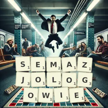 Kreatywna ilustracja do gry w Scrabble ze słowem SEMAZJOLOGOWIE ułożonym z płytek na planszy.