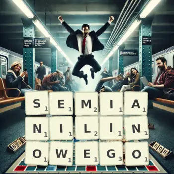Kreatywna ilustracja do gry w Scrabble ze słowem SEMIANILINOWEGO ułożonym z płytek na planszy.
