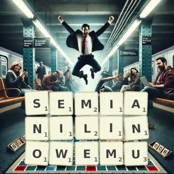Kreatywna ilustracja do gry w Scrabble ze słowem SEMIANILINOWEMU ułożonym z płytek na planszy.