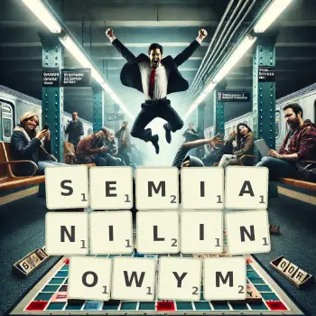 Kreatywna ilustracja do gry w Scrabble ze słowem SEMIANILINOWYM ułożonym z płytek na planszy.