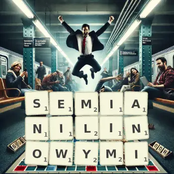 Kreatywna ilustracja do gry w Scrabble ze słowem SEMIANILINOWYMI ułożonym z płytek na planszy.