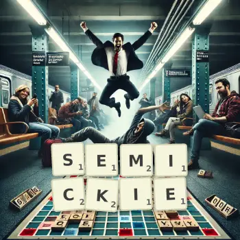 Kreatywna ilustracja do gry w Scrabble ze słowem SEMICKIE ułożonym z płytek na planszy.