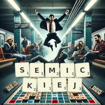 Kreatywna ilustracja do gry w Scrabble ze słowem SEMICKIEJ ułożonym z płytek na planszy.