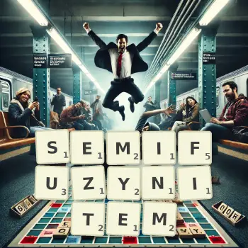 Kreatywna ilustracja do gry w Scrabble ze słowem SEMIFUZYNITEM ułożonym z płytek na planszy.