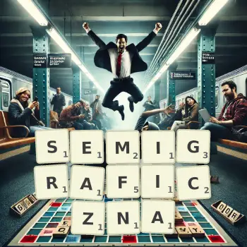 Kreatywna ilustracja do gry w Scrabble ze słowem SEMIGRAFICZNA ułożonym z płytek na planszy.