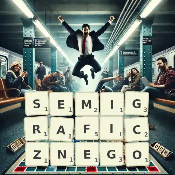 Kreatywna ilustracja do gry w Scrabble ze słowem SEMIGRAFICZNEGO ułożonym z płytek na planszy.
