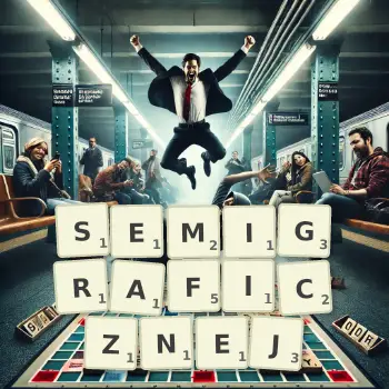 Kreatywna ilustracja do gry w Scrabble ze słowem SEMIGRAFICZNEJ ułożonym z płytek na planszy.