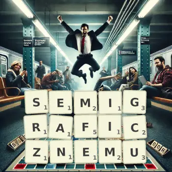 Kreatywna ilustracja do gry w Scrabble ze słowem SEMIGRAFICZNEMU ułożonym z płytek na planszy.