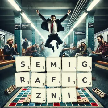Kreatywna ilustracja do gry w Scrabble ze słowem SEMIGRAFICZNI ułożonym z płytek na planszy.