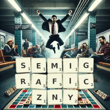 Kreatywna ilustracja do gry w Scrabble ze słowem SEMIGRAFICZNY ułożonym z płytek na planszy.