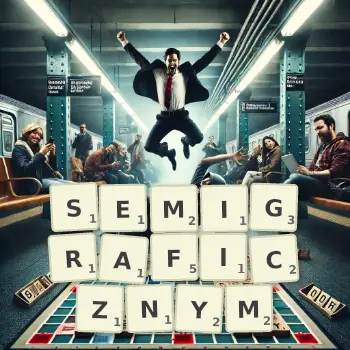 Kreatywna ilustracja do gry w Scrabble ze słowem SEMIGRAFICZNYM ułożonym z płytek na planszy.