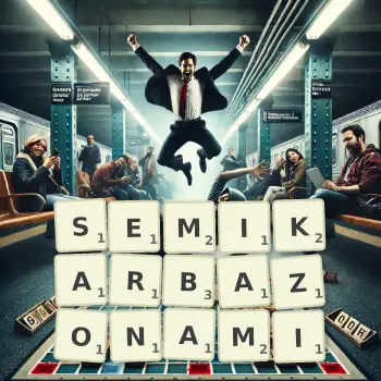 Kreatywna ilustracja do gry w Scrabble ze słowem SEMIKARBAZONAMI ułożonym z płytek na planszy.