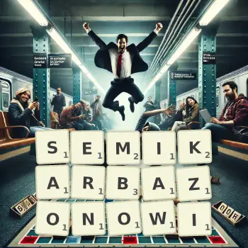 Kreatywna ilustracja do gry w Scrabble ze słowem SEMIKARBAZONOWI ułożonym z płytek na planszy.