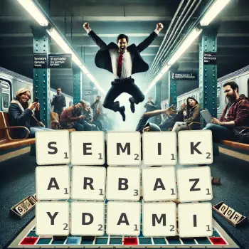 Kreatywna ilustracja do gry w Scrabble ze słowem SEMIKARBAZYDAMI ułożonym z płytek na planszy.