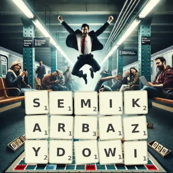 Kreatywna ilustracja do gry w Scrabble ze słowem SEMIKARBAZYDOWI ułożonym z płytek na planszy.