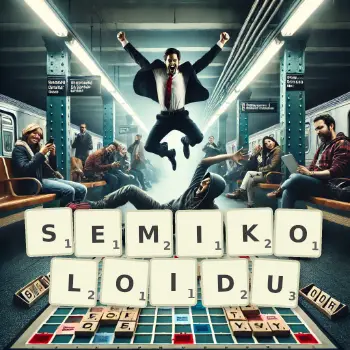 Kreatywna ilustracja do gry w Scrabble ze słowem SEMIKOLOIDU ułożonym z płytek na planszy.