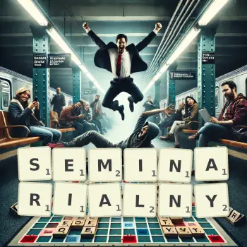 Kreatywna ilustracja do gry w Scrabble ze słowem SEMINARIALNY ułożonym z płytek na planszy.