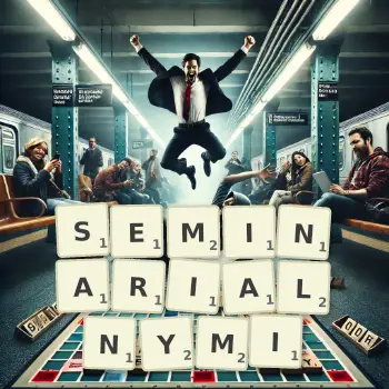 Kreatywna ilustracja do gry w Scrabble ze słowem SEMINARIALNYMI ułożonym z płytek na planszy.