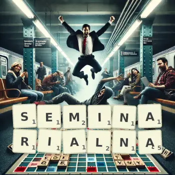Kreatywna ilustracja do gry w Scrabble ze słowem SEMINARIALNĄ ułożonym z płytek na planszy.