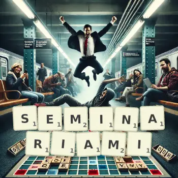 Kreatywna ilustracja do gry w Scrabble ze słowem SEMINARIAMI ułożonym z płytek na planszy.
