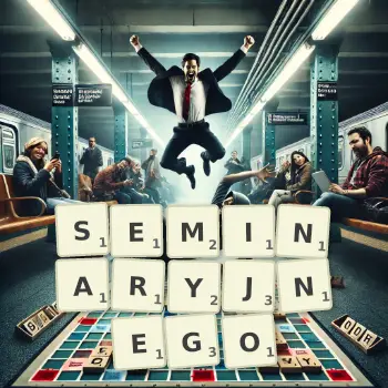 Kreatywna ilustracja do gry w Scrabble ze słowem SEMINARYJNEGO ułożonym z płytek na planszy.