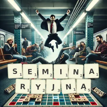 Kreatywna ilustracja do gry w Scrabble ze słowem SEMINARYJNĄ ułożonym z płytek na planszy.