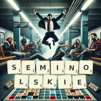 Kreatywna ilustracja do gry w Scrabble ze słowem SEMINOLSKIE ułożonym z płytek na planszy.